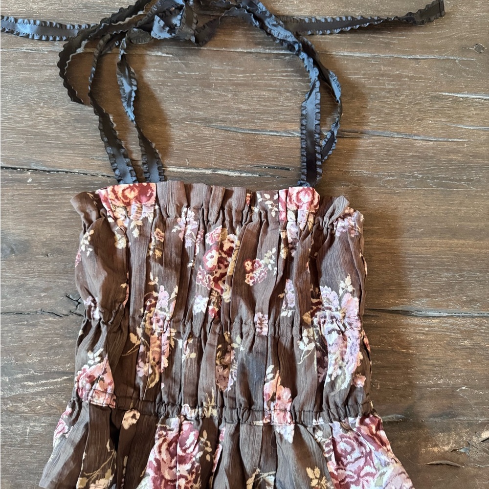 NWT Brock Collection x H&M '21 Lyocell Dark Brown Floral Ties Top sz M